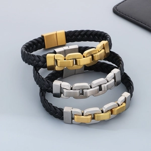 Vintage men's braided leather bracelets with stainless steel chain in gold and silver