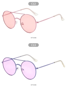 Close-up of pink and purple metal sunglasses from a 45-degree side view