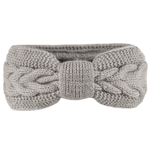 Close-up of gray knit headband showing detailed cable stitch texture and bow design