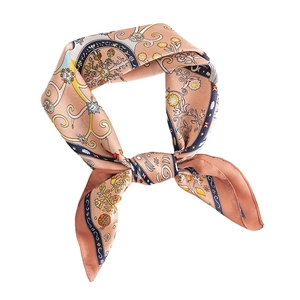 Floral satin neck scarf featuring vintage golden patterns on a pink and beige silk base