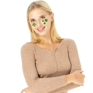 St. Patrick's Day green clover face tattoos on model with waterproof shamrock designs