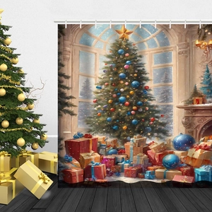 Close-up of waterproof polyester shower curtain with festive Christmas tree and fireplace print