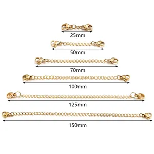Gold stainless steel chain extenders with lobster clasps in lengths from 25mm to 150mm
