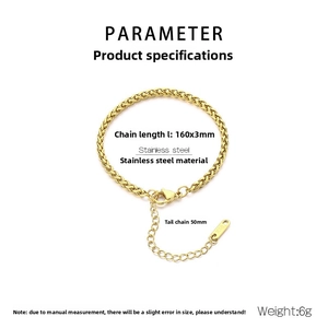 Detail of 18K gold plated stainless steel wheat chain bracelet with adjustable lobster clasp