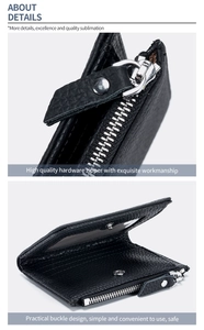 Detalle de cartera en cuero negro con cremallera plateada y ranuras para varias tarjetas