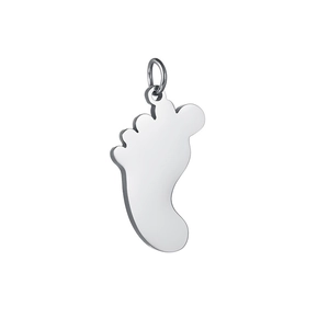 Close-up of polished silver stainless steel footprint charm with a glossy mirror finish