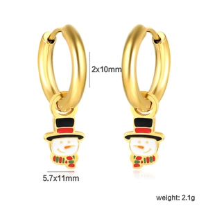 Golden Christmas snowman hoop earrings for women with festive red and green enamel charms