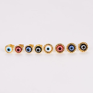 Minimalist stainless steel evil eye stud earrings set with colorful enamel in gold plating