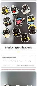 Detail of cartoon black cat acrylic brooches featuring chef and nurse character designs