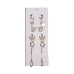 5-pair gold earring set with rhinestone moon, heart, and pearl geometric pendants