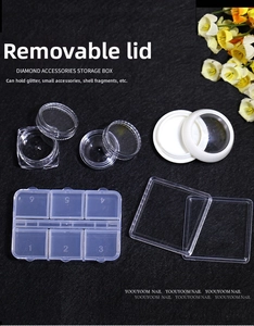 Detailed view of clear nail art storage containers for glitters and small accessories