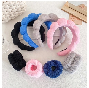 Puffy towel cloth headband and wristband set in black, blue, grey and pink colors