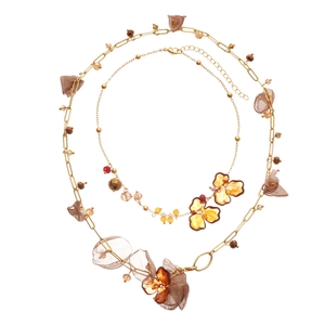 Vintage acrylic chiffon flower necklace with gold chain and amber beads for women