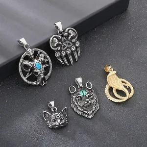 Stainless Steel Animal Pendant Necklace Gothic Viking Punk Wolf Ram Snake Jewelry With Turquoise Cat Eye Stone For Men