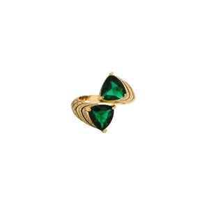 Chic gold-tone interlocking geometric ring with two green triangle zircon stones