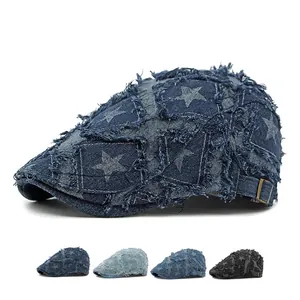 Vintage denim flat cap with frayed edges and star print in multiple colors