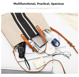 Top view of striped canvas tote bag showing interior storage for daily essentials