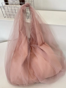 Pink mesh tote bag with romantic layered lace design and knot detail for women