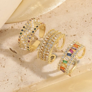Adjustable Open Ring Gold Plated Copper Cubic Zirconia Rainbow Baguette Artificial Pearl Vintage Fashion Jewelry For Women