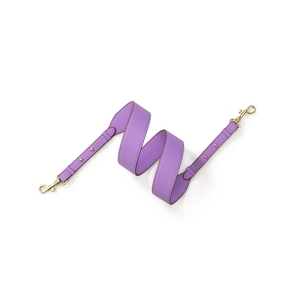 Adjustable purple leather handbag strap with gold-tone metal hooks on white background