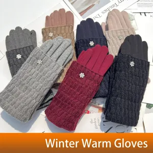 Women Winter Gloves Knitted Warm Fleece Lined Touch Screen Outdoor Riding Retro Rhinestone Flower Elegant