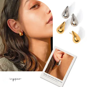 Detail showing gold and silver water drop earrings in portrait and still life views