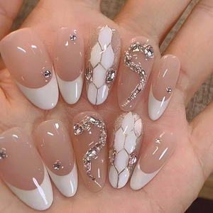 French Tip Almond Shape Press On Nails Nude Pink White Rhinestone Snake Scale Pattern Detachable False Nails For Women