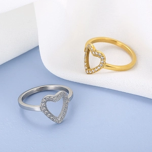 Minimalist open heart ring with sparkling zircons in gold and silver finishes