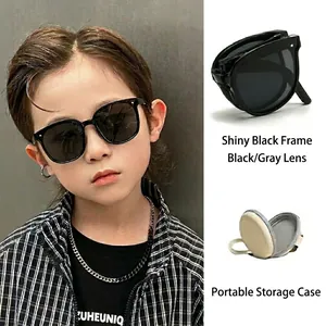 Foldable kids sunglasses with black frames and portable storage case for UV protection