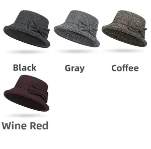 Women's wool felt cloche hats in black, gray, coffee, and burgundy with bow detail