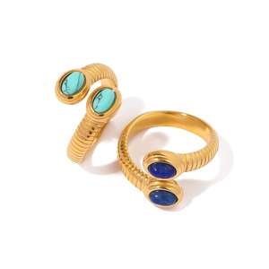 18K gold plated snake-shaped open rings with lapis lazuli and turquoise stones