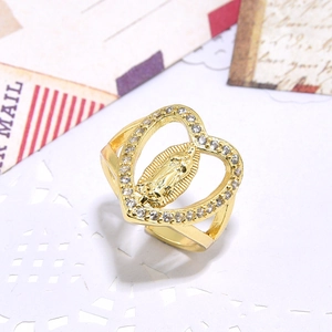 Gold open ring with heart frame and Virgin of Guadalupe relief with zircon inlay