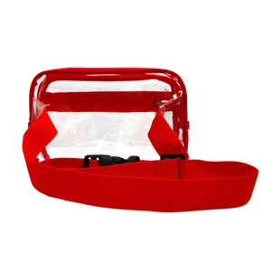 Detailed close-up of a clear PVC waist bag with red trim and adjustable buckle strap