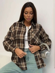 Relaxed fit brown plaid flannel shirt for women featuring a classic button-down front