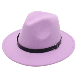 Detailed close-up of lavender wool fedora hat showing felt texture and leather belt buckle