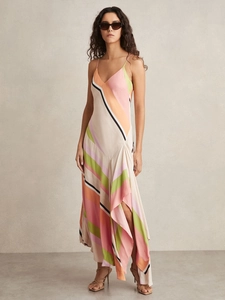 Women Pleated Maxi Dress Polyester V Neck Spaghetti Strap Geometric Print Color Block Vacation Summer Sleeveless