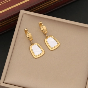 Minimalist gold stainless steel hoop earrings with rectangular white shell inlay