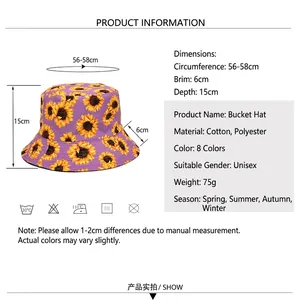 Unisex sunflower print bucket hat size chart with dimensions and fabric details