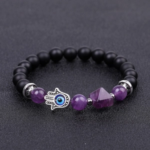 Hamsa Hand and Evil Eye beaded bracelet with purple amethyst stones and matte black beads