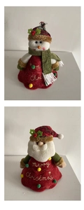 Detailed view of plush Snowman and Santa Christmas ornaments with Merry Christmas embroidery