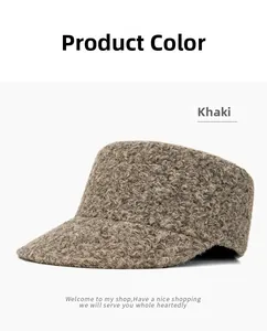Detailed texture of khaki teddy velvet flat top military cap for autumn winter warmth