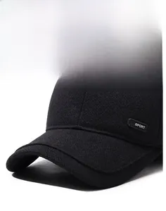 Close-up of black wool baseball cap featuring a curved brim and subtle SPORT label tag