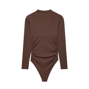Deep brown long sleeve bodysuit for women featuring a stylish ruched design on the back