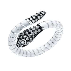 S925 sterling silver snake open ring with white enamel and sparkling zircon pave