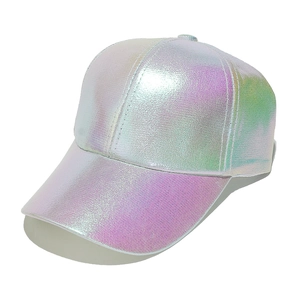 Detail of holographic baseball cap with purple and green metallic faux leather finish