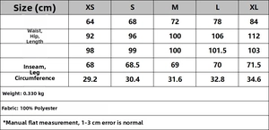 Size chart with measurements and material details for casual wide-leg women trousers
