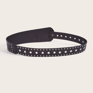 Punk style black leather belt with silver rivets and metal eyelets for a rock look