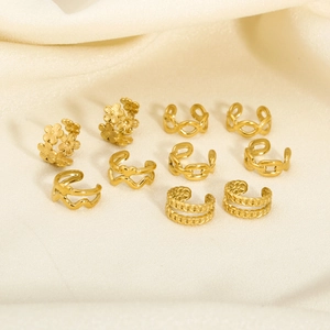 Set of 10 golden 18K plated stainless steel ear cuffs with floral and chain designs