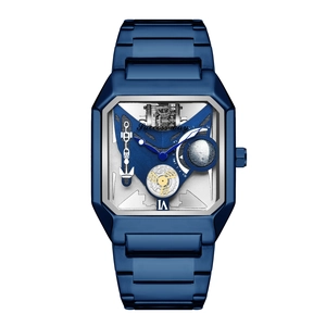 Men Quartz Watch Luxury Square Skeleton Hollow Design Industrial Steampunk Luminous Alloy Metal Link Strap Wristwatch