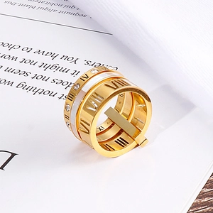 Fashion Roman Numeral Hollow Out Stacking Ring Stainless Steel With Zircon And Shell Inlay Rose Gold Color Women Jewelry